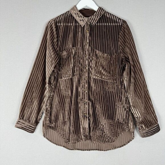 Pilcro Anthro Womens Top Large Brown Velvet Burnout Pinstripe Shirt Holiday Boho - Picture 1 of 12